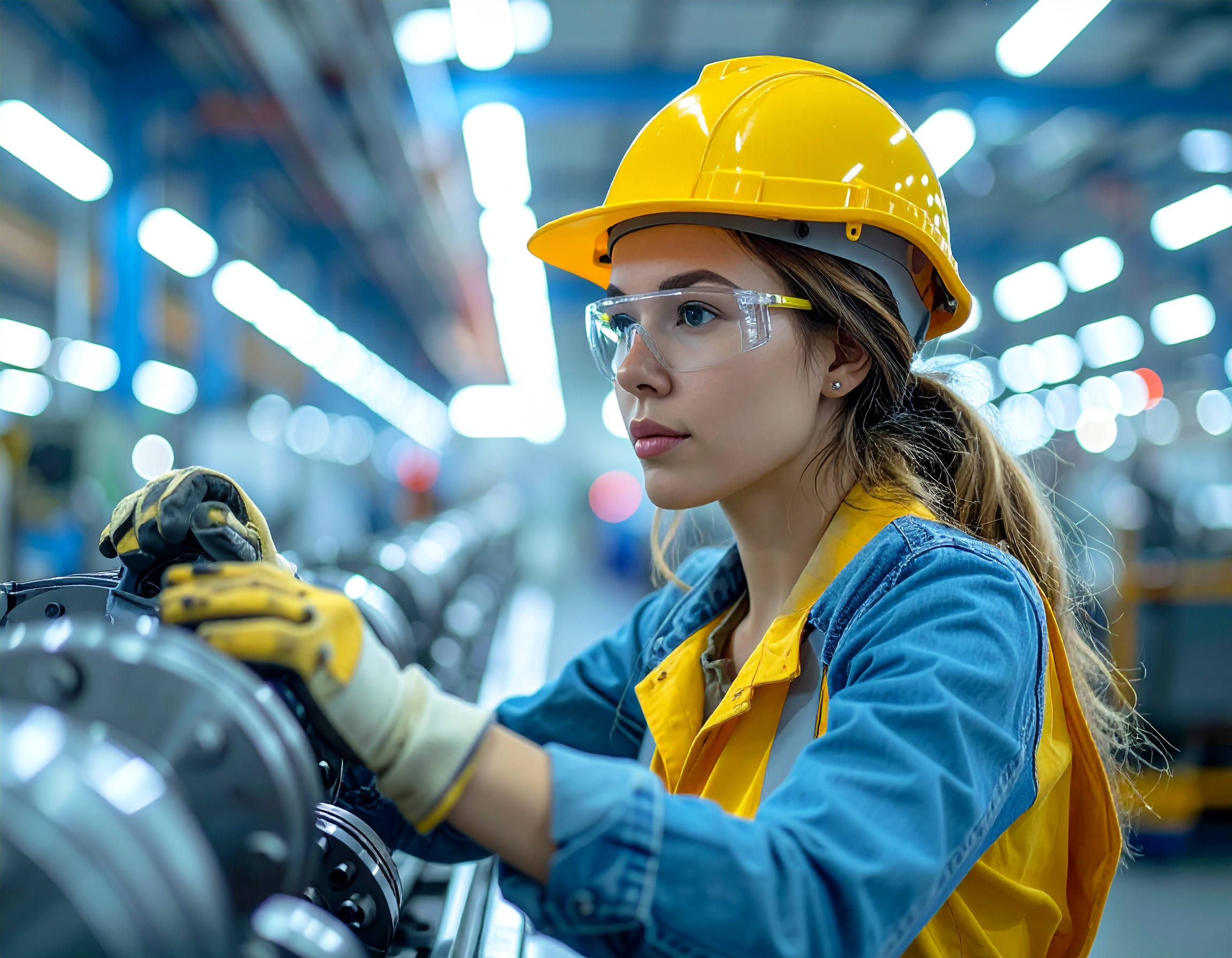 firefly industrial quality control scene, technician wearing yellow helmet and gloves inspect 793427