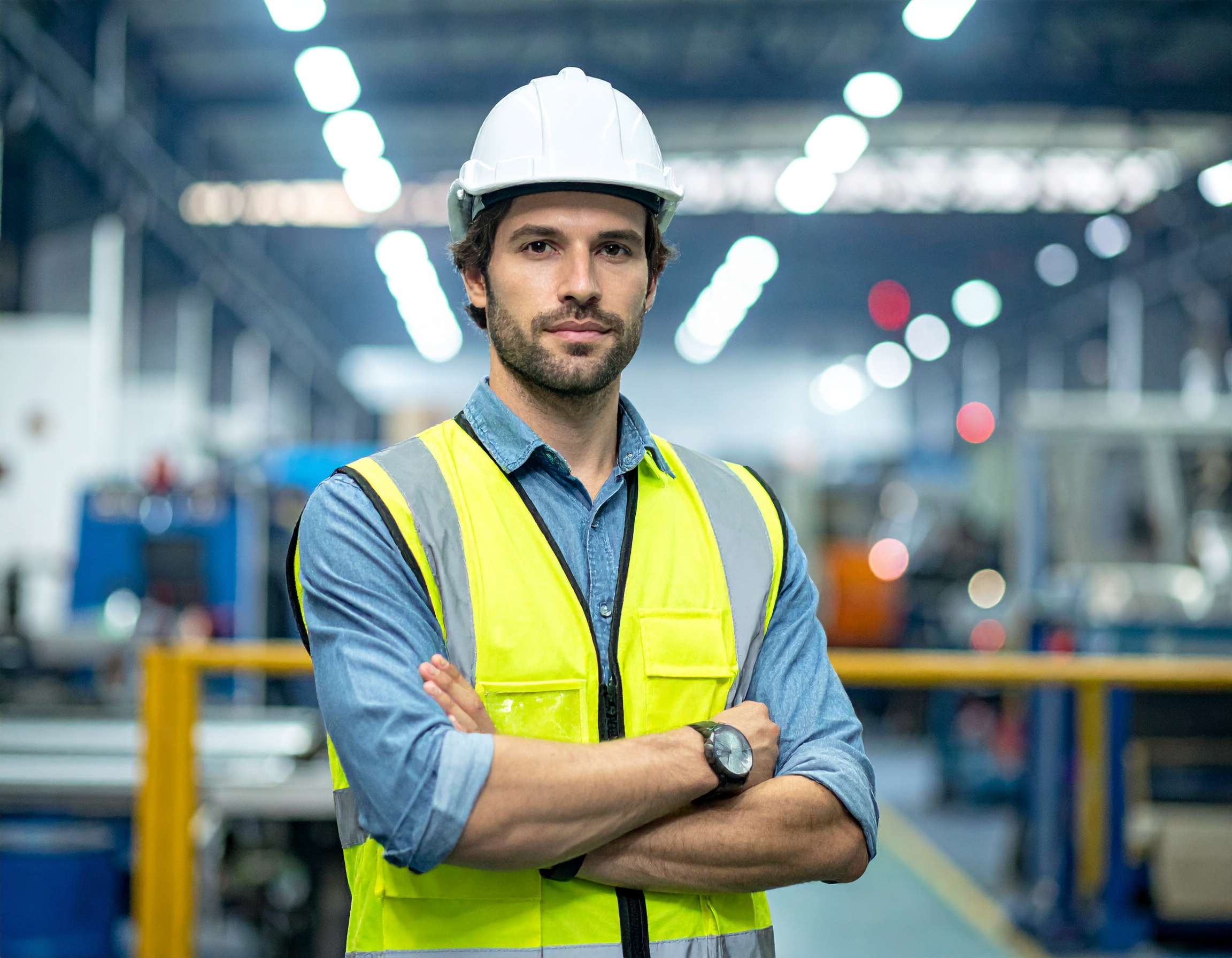 firefly professional industrial leader inspecting operations in a modern factory, wearing a y 839595